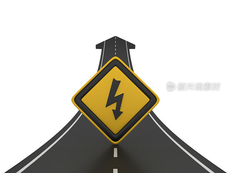 道路箭头与高电压道路标志- 3D渲染